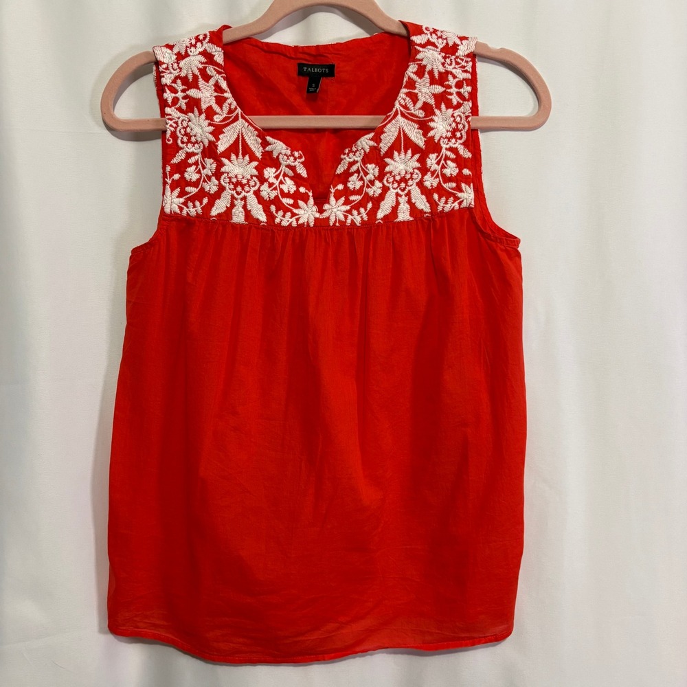 Talbots Red Cotton Embroidered Sleeveless Blouse Top Small Boho Split Neck